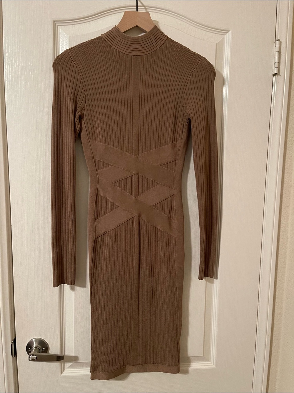 Marciano Fitted Ribbed Long-Sleeve Dress in Brown